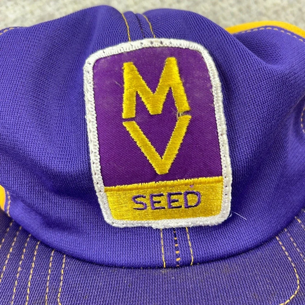 Vintage MV Seeds Trucker Hat Cap Made‎ USA 80s Farm Purple Yellow Patch Snapback